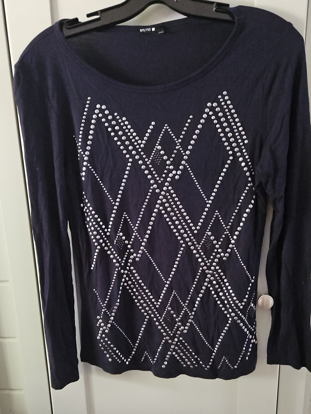 Bylyse Black Long-Sleeve Studded Diamond-Pattern Top Sz. Medium